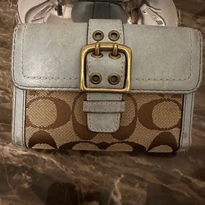 Coach small wallet. Light blue leather trim
